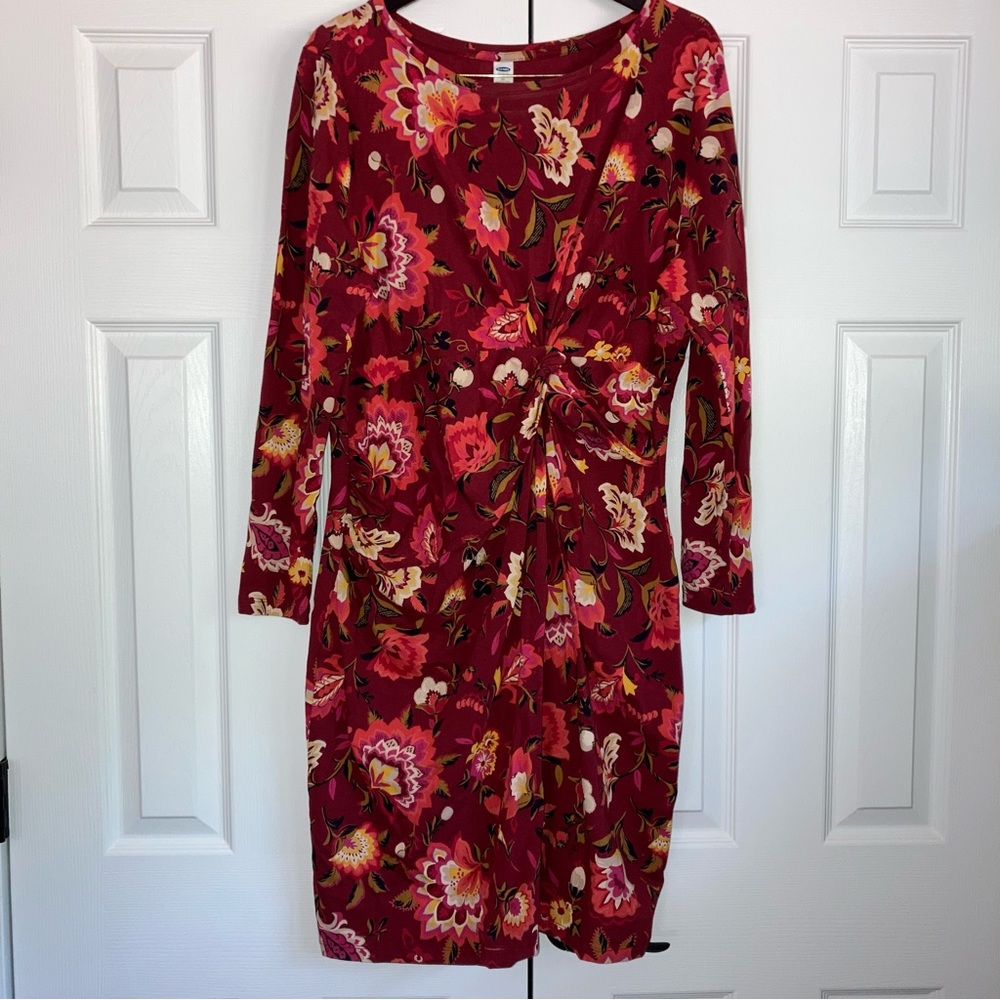Old Navy Maroon Burgundy Floral Body Con Long Sleeve Dress 2X